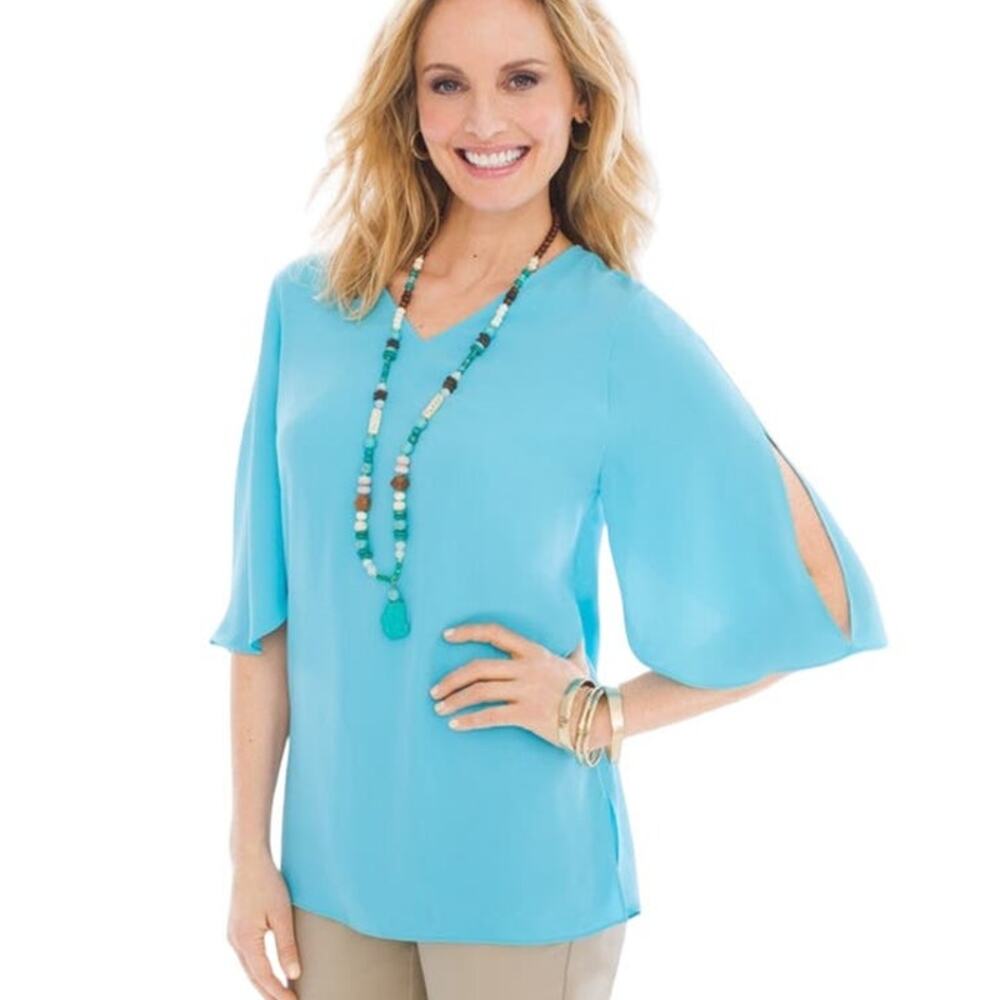 Chico's White V Neck Elbow Length Flutter Sleeve Tunic Top Size Small NWOT
